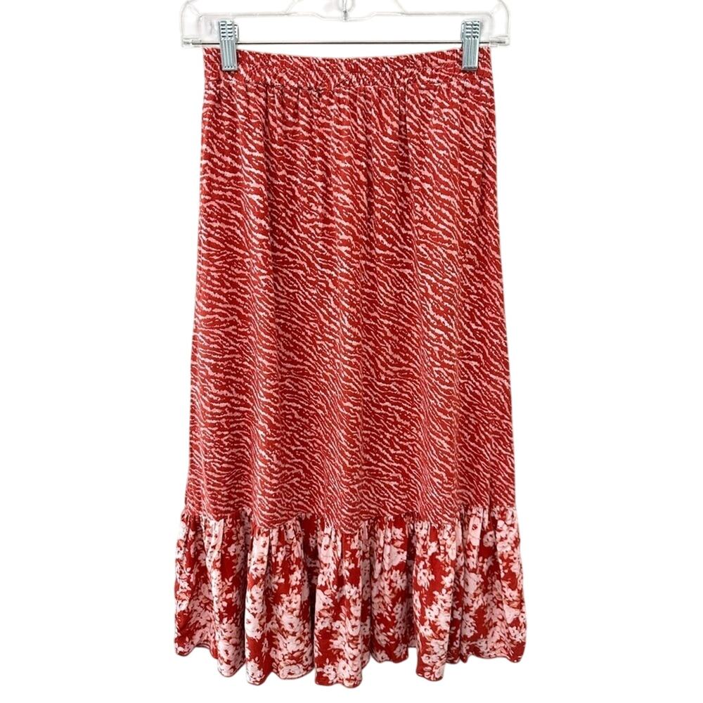 RACHEL ROY | Rust Red Tiered Ruffle Hem Midi Skirt Boho Summer | XS